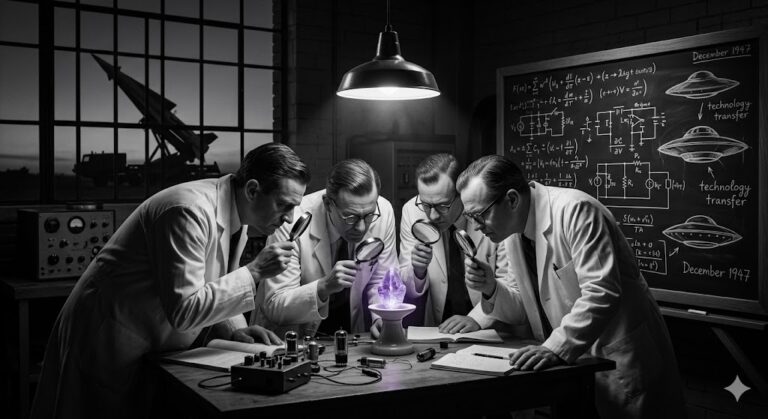 Scientists in a 1940s lab examining an alien artifact, suggesting the Roswell origin of the transistor.
