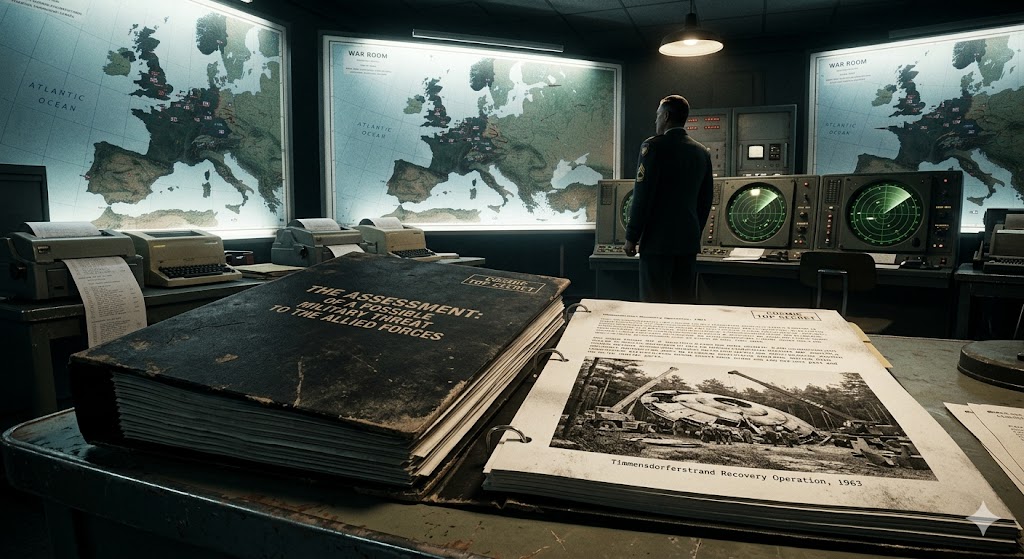 A thick NATO document titled "The Assessment" sitting on a desk in a 1960s war room, revealing UFO photos.