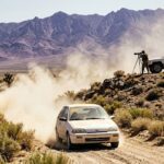 A white car being watched by an unmarked Jeep Cherokee on the road to Area 51.
