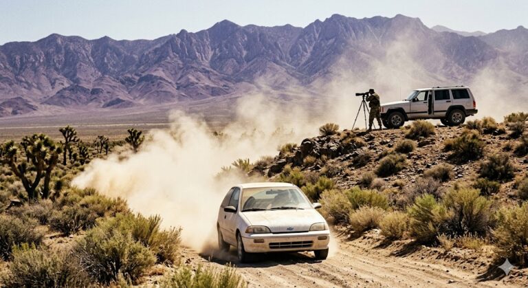 A white car being watched by an unmarked Jeep Cherokee on the road to Area 51.