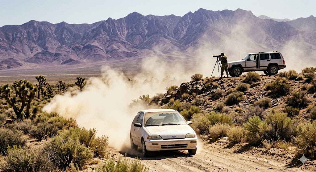 A white car being watched by an unmarked Jeep Cherokee on the road to Area 51.