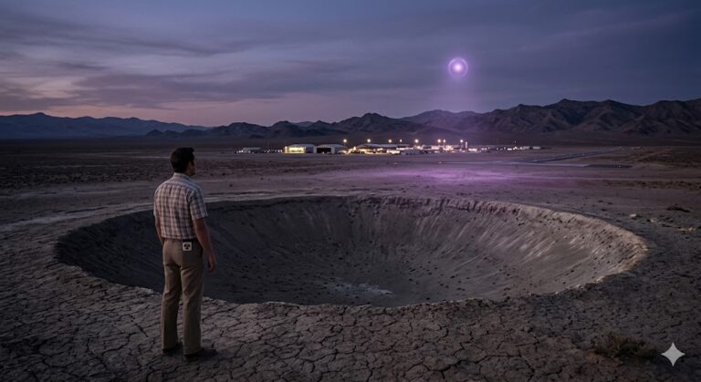 A radiation safety officer looking over a nuclear crater toward the lights of Area 51.