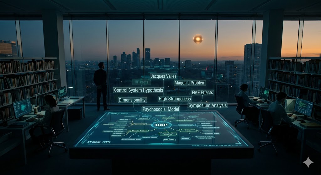 Conceptual visualization of the intellectual analysis and societal implications of the UAP phenomenon.