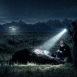 Forensic visualization of a cattle mutilation site with a UAP in the background.