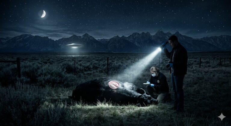 Forensic visualization of a cattle mutilation site with a UAP in the background.