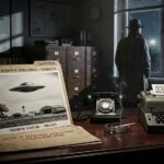 Declassified CIA documents and surveillance reports on a 1950s intelligence officer's desk.