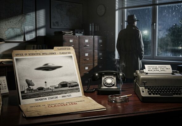 Declassified CIA documents and surveillance reports on a 1950s intelligence officer's desk.