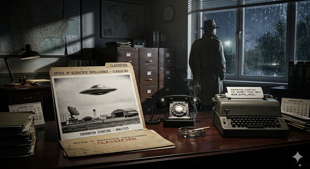Declassified CIA documents and surveillance reports on a 1950s intelligence officer's desk.