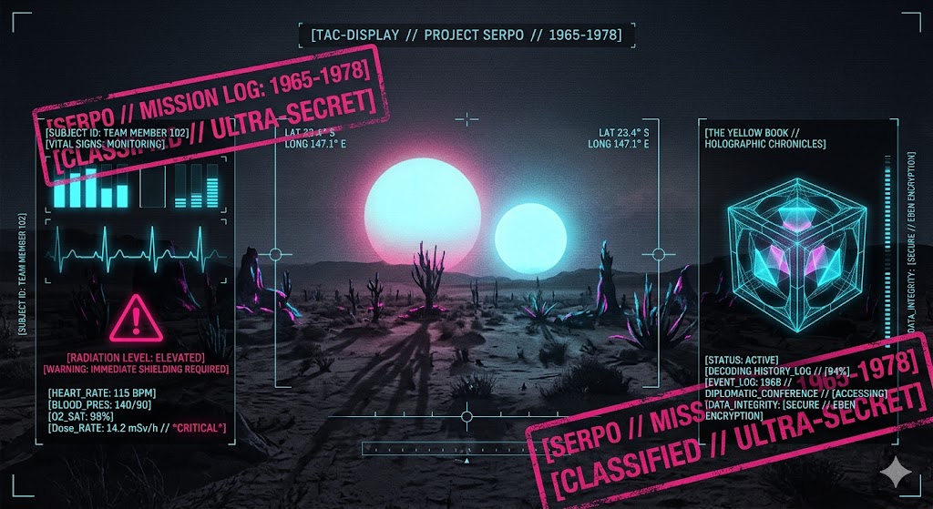 A tactical visualization of the environment and mission status on the planet Serpo.