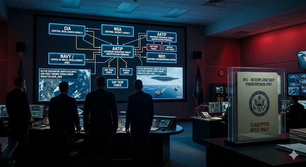 Visualization of the military and intelligence hierarchy managing the UAP phenomenon.