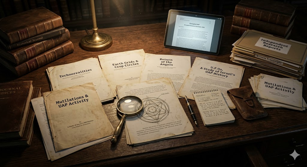 Archive of independent UFO research papers and manuscripts on a library table.