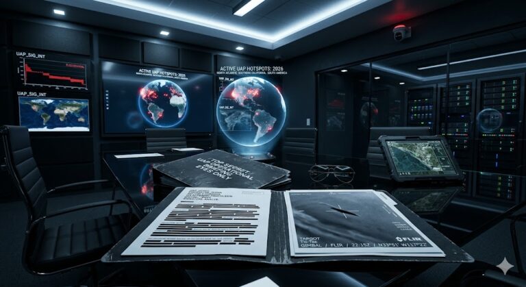 Visualization of a top-secret government briefing on Unidentified Anomalous Phenomena (UAP).