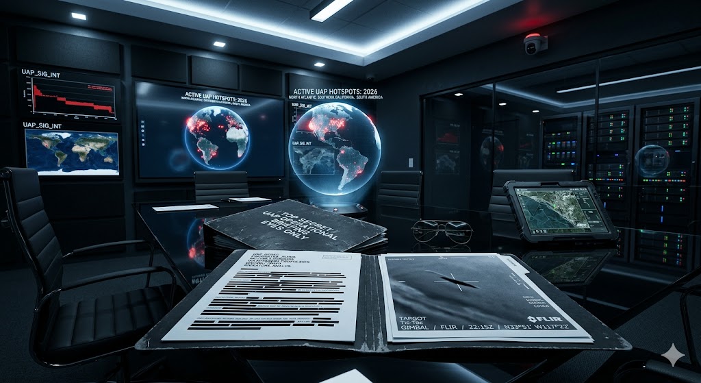 Visualization of a top-secret government briefing on Unidentified Anomalous Phenomena (UAP).