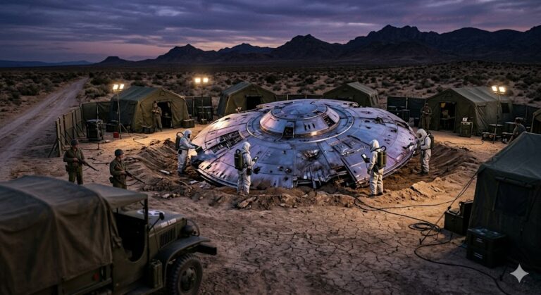 Ultra-realistic visualization of a military recovery operation at a UFO crash site.