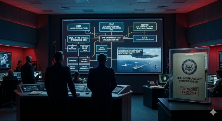 Visualization of the U.S. Military hierarchy and the Interplanetary Phenomenon Unit (IPU) managing UAP data.