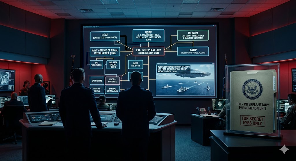 Visualization of the U.S. Military hierarchy and the Interplanetary Phenomenon Unit (IPU) managing UAP data.