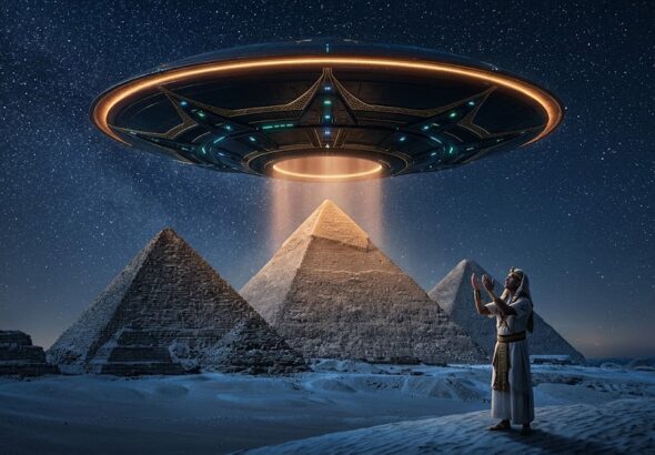 Artistic visualization of the Ancient Astronaut Theory featuring a UAP over the Great Pyramids.