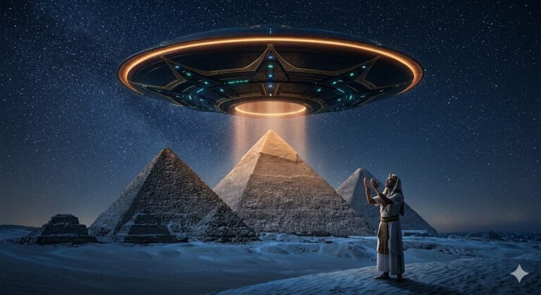 Artistic visualization of the Ancient Astronaut Theory featuring a UAP over the Great Pyramids.