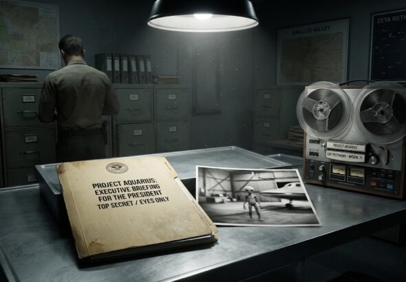 The leaked Executive Briefing for Project Aquarius detailing EBE interaction and alien technology.