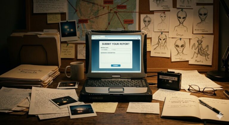 Digital and physical archive of user-submitted alien abduction reports and witness sketches.