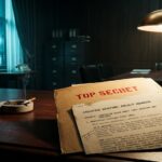 Top Secret Project Aquarius dossier on a vintage desk under a spotlight.