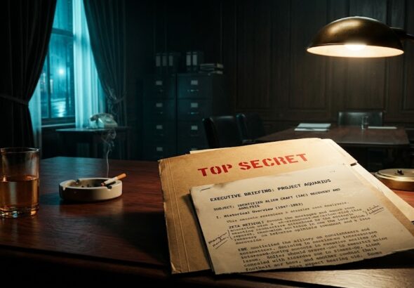 Top Secret Project Aquarius dossier on a vintage desk under a spotlight.