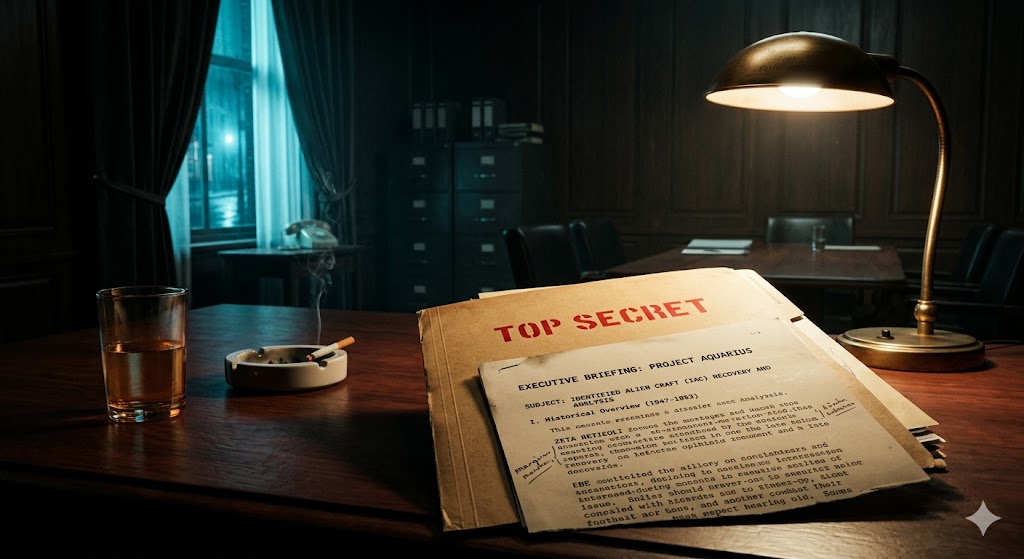 Top Secret Project Aquarius dossier on a vintage desk under a spotlight.