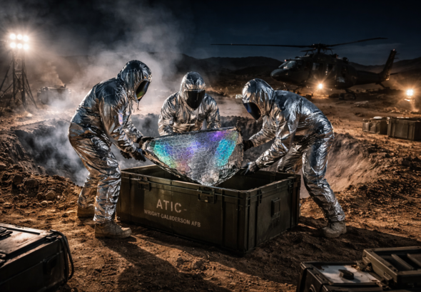 Military recovery team under Project Moon Dust securing unidentified debris at a crash site.