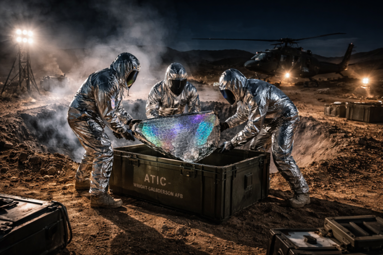 Military recovery team under Project Moon Dust securing unidentified debris at a crash site.