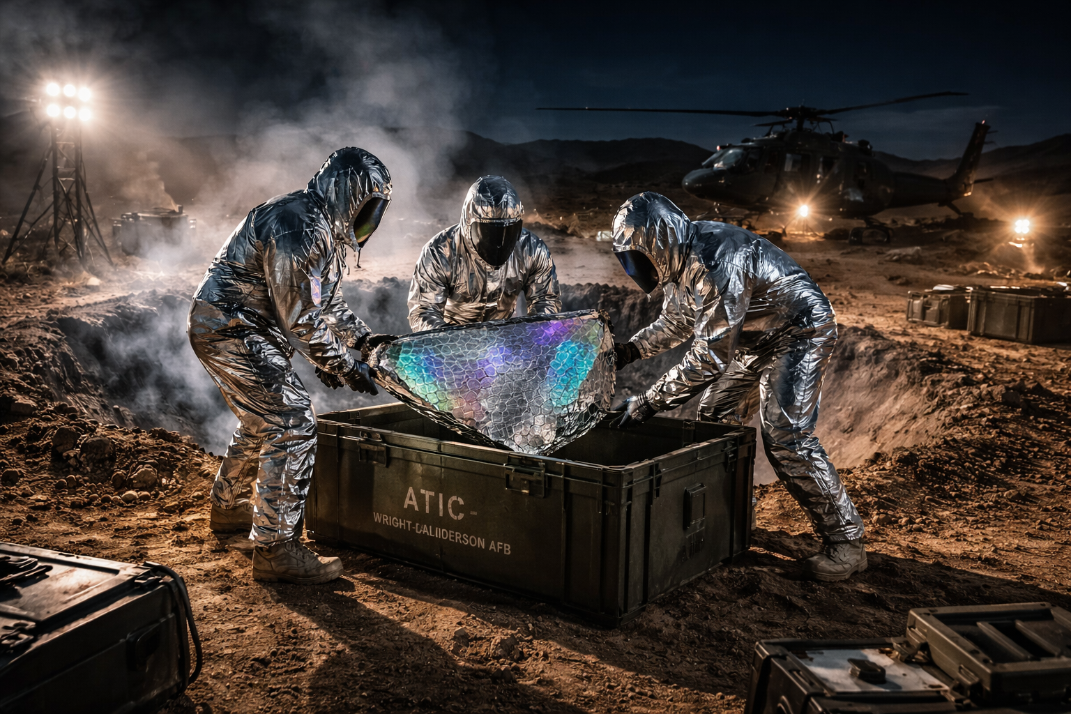 Military recovery team under Project Moon Dust securing unidentified debris at a crash site.