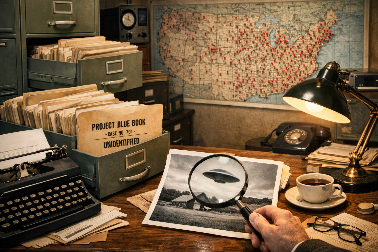 Archive of Project Blue Book case files and unidentified UFO sighting reports.