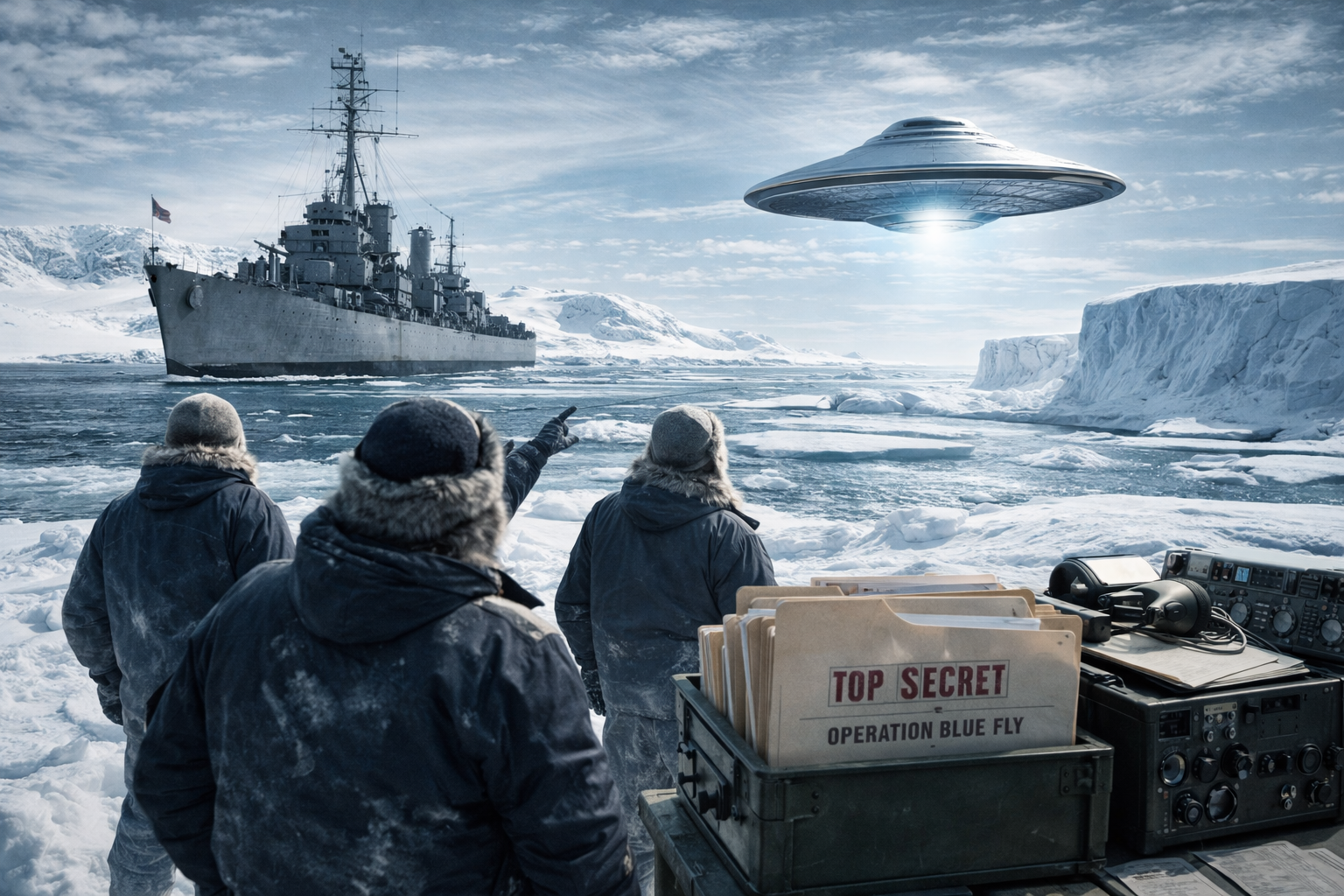 Military personnel during Operation Highjump witnessing a UAP encounter in Antarctica.