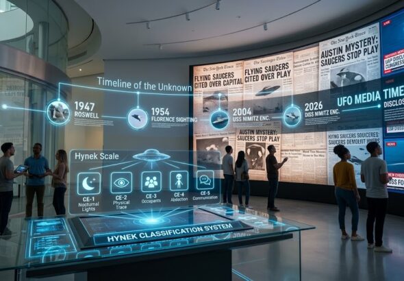 Educational infographic display showing the history and classification of UFO/UAP phenomena.
