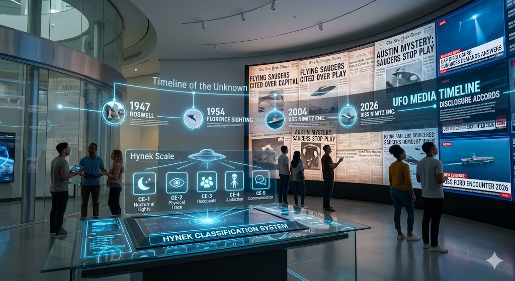 Educational infographic display showing the history and classification of UFO/UAP phenomena.