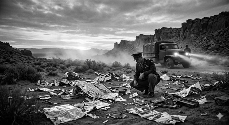 Historical visualization of the 1947 Roswell UFO crash debris field recovery.