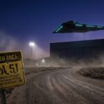 Restricted Area warning sign and classified hangar at Area 51, Groom Lake, Nevada.
