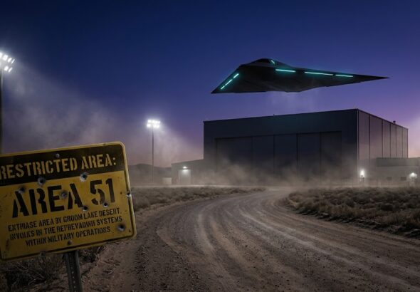 Restricted Area warning sign and classified hangar at Area 51, Groom Lake, Nevada.