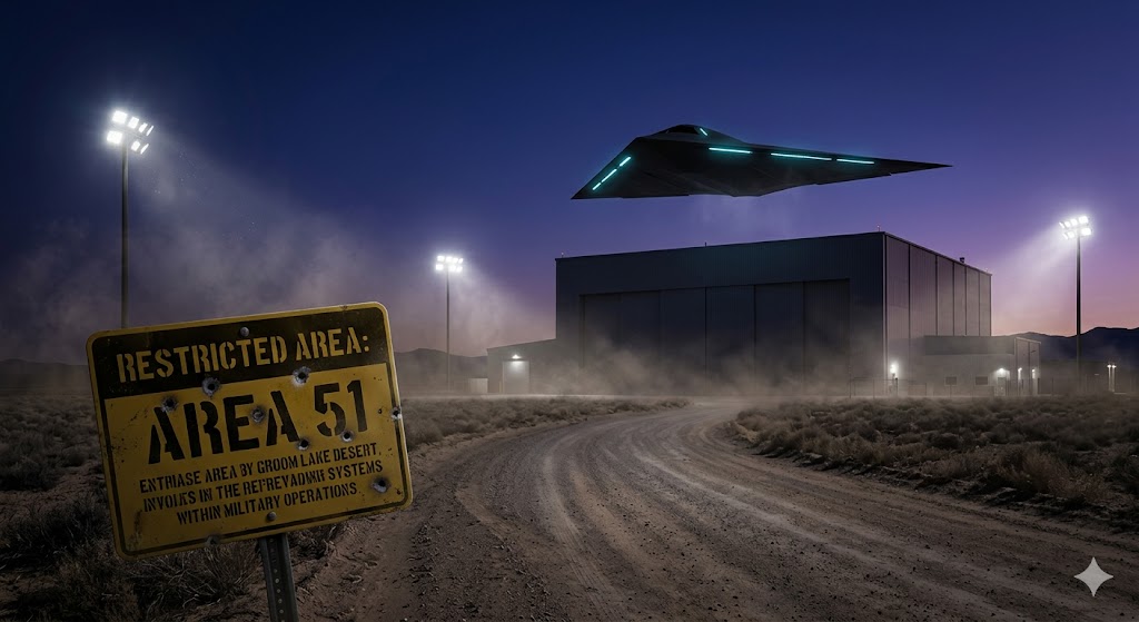 Restricted Area warning sign and classified hangar at Area 51, Groom Lake, Nevada.