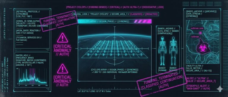 A visualization of the proposed 1,500-antenna array designed by NASA to monitor the "Water Hole" frequency for alien transmissions.