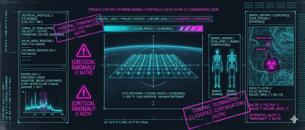 A visualization of the proposed 1,500-antenna array designed by NASA to monitor the "Water Hole" frequency for alien transmissions.