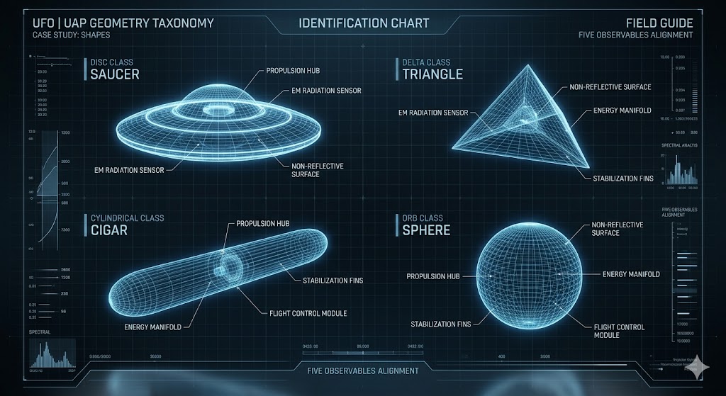 Technical identification chart showing various UFO and UAP geometric shapes.
