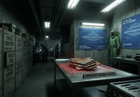 Visualization of a secret military storage vault containing files and debris from various UAP projects.