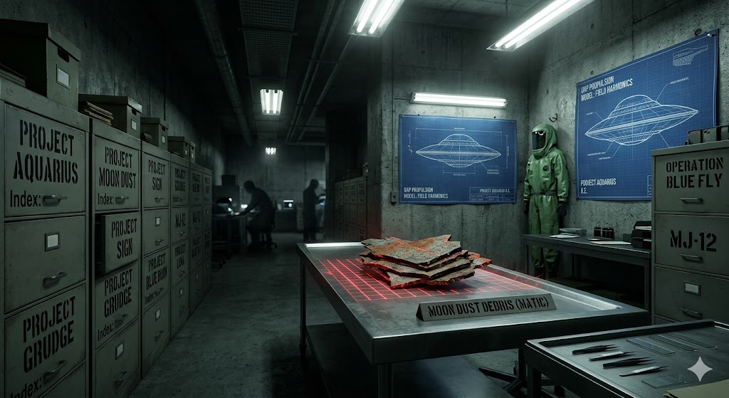 Visualization of a secret military storage vault containing files and debris from various UAP projects.