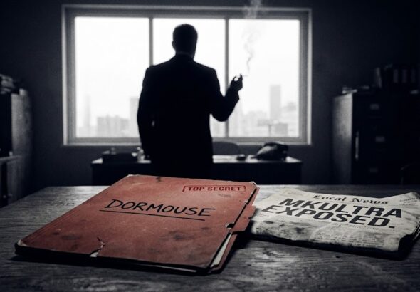 A "Dormouse" folder next to an MKULTRA newspaper headline, symbolizing a strategic cover-up.