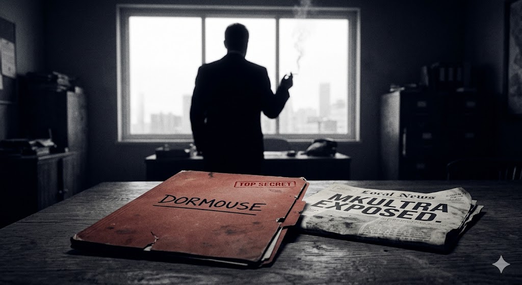 A "Dormouse" folder next to an MKULTRA newspaper headline, symbolizing a strategic cover-up.