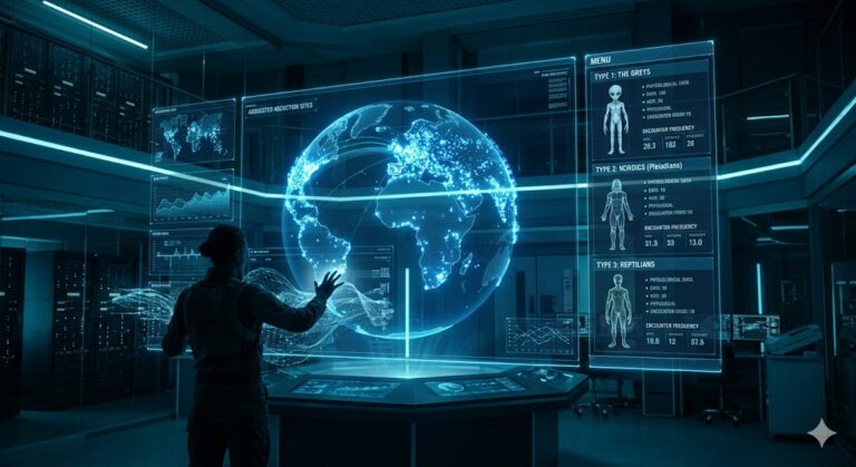 Digital database index mapping global alien abduction cases and entity types.