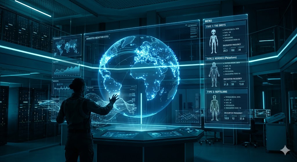 Digital database index mapping global alien abduction cases and entity types.