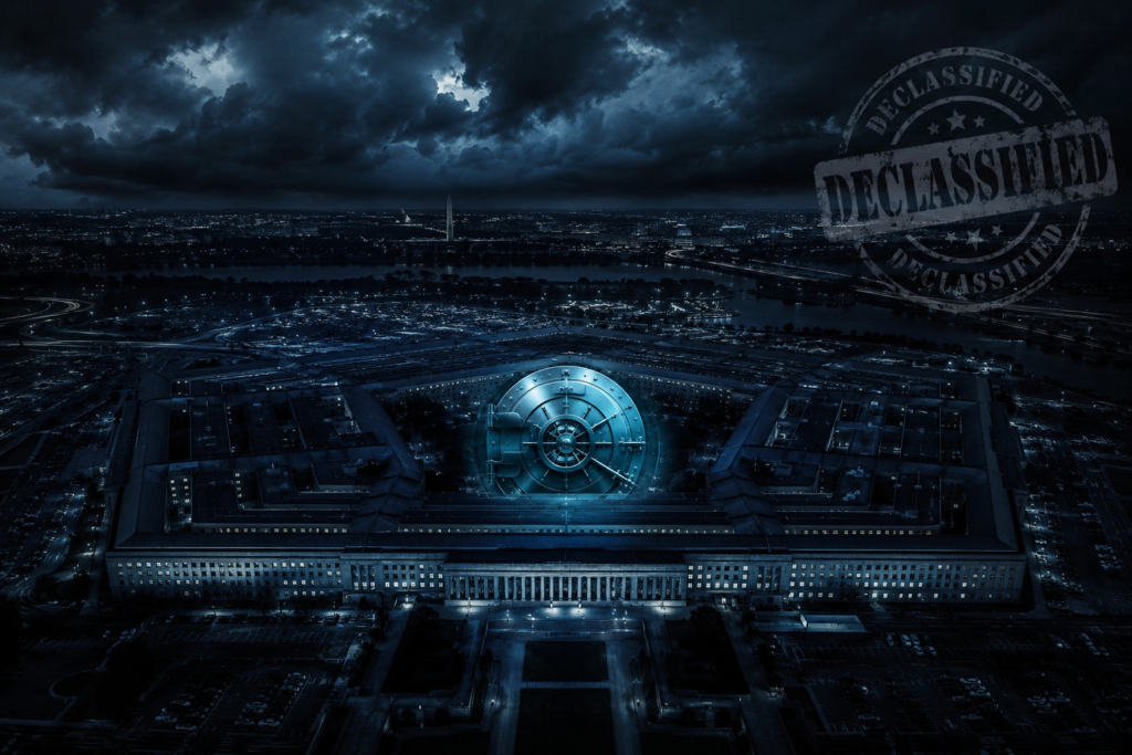 Aerial night view of the Pentagon with declassified stamp overlay representing the May 2026 UAP file release