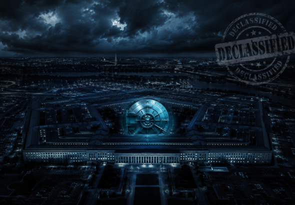 Aerial night view of the Pentagon with declassified stamp overlay representing the May 2026 UAP file release