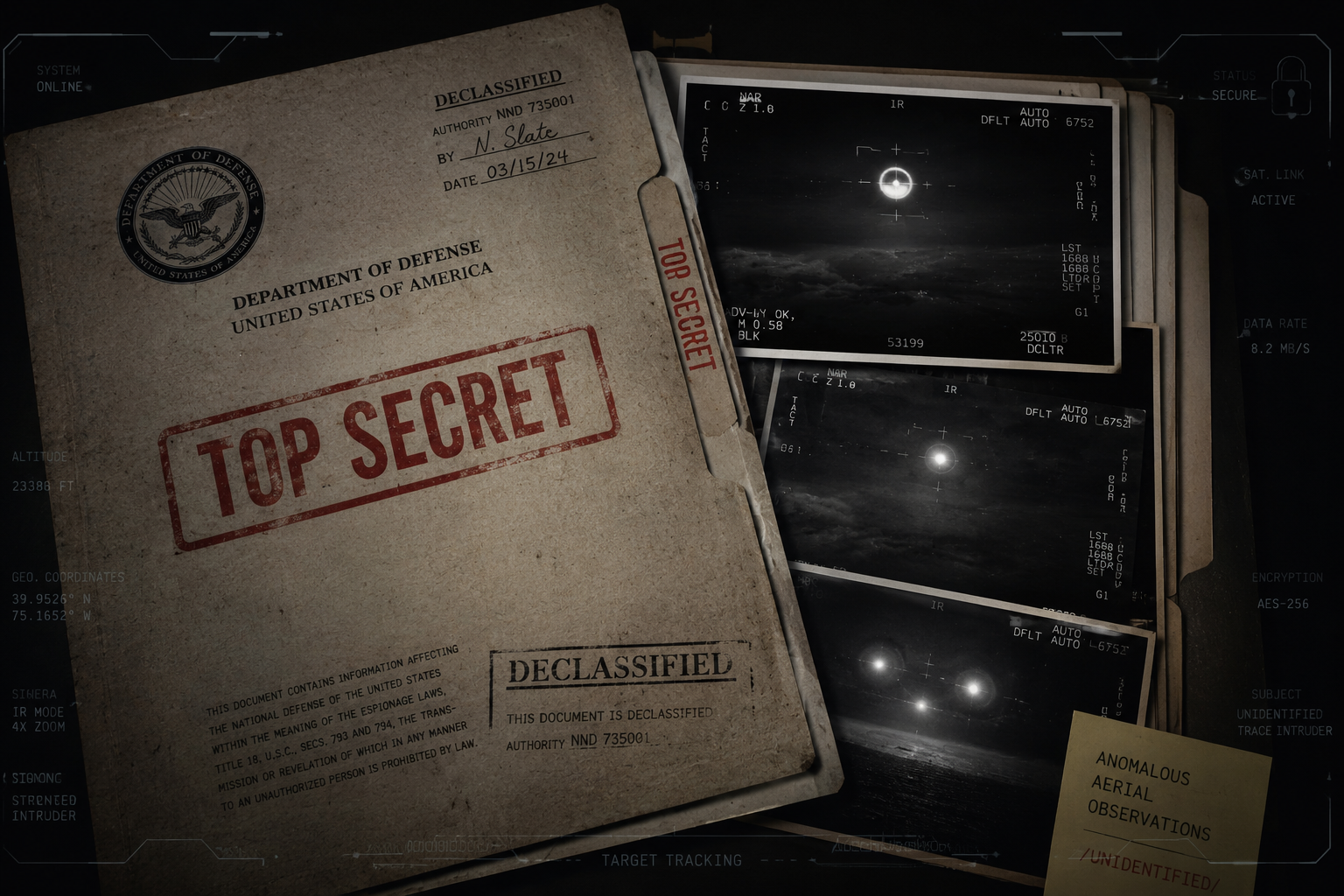 Declassified government folder stamped Top Secret containing UAP infrared military footage stills and field reports